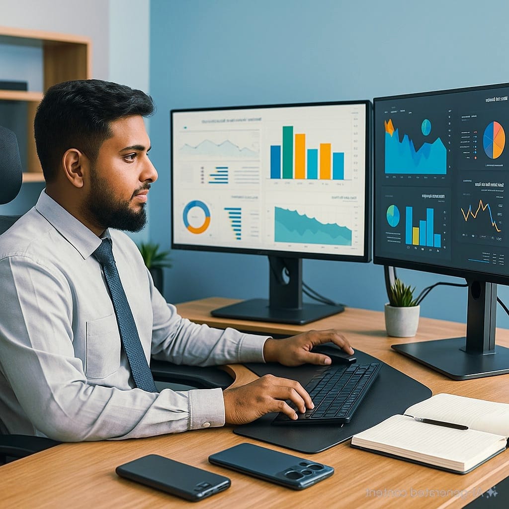 Working on data analytics at a modern desk setup with monitors showing charts and graphs